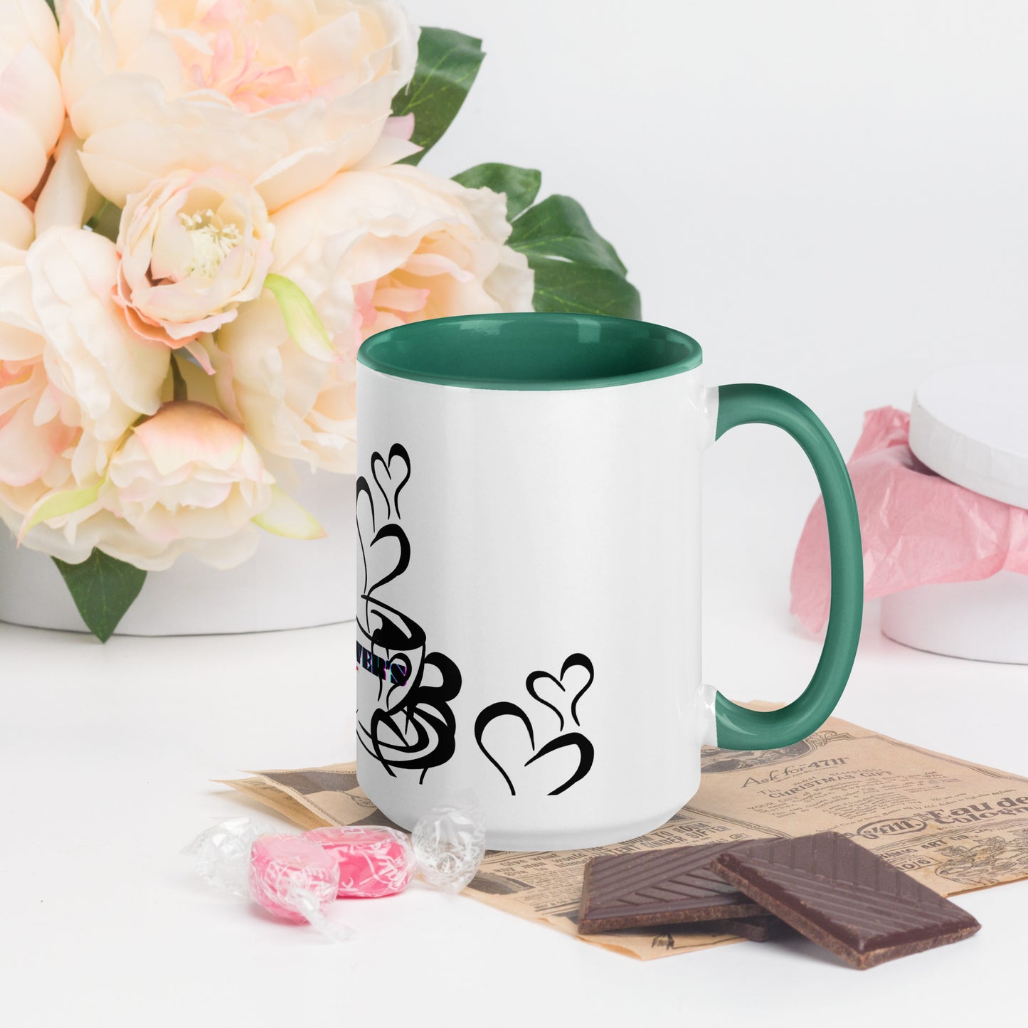 TEA LOVER'S 2 CUPS of COFFEE, Hearts, CALMNESS DESIGNS,  Creative Designer's, Mug with Color Inside