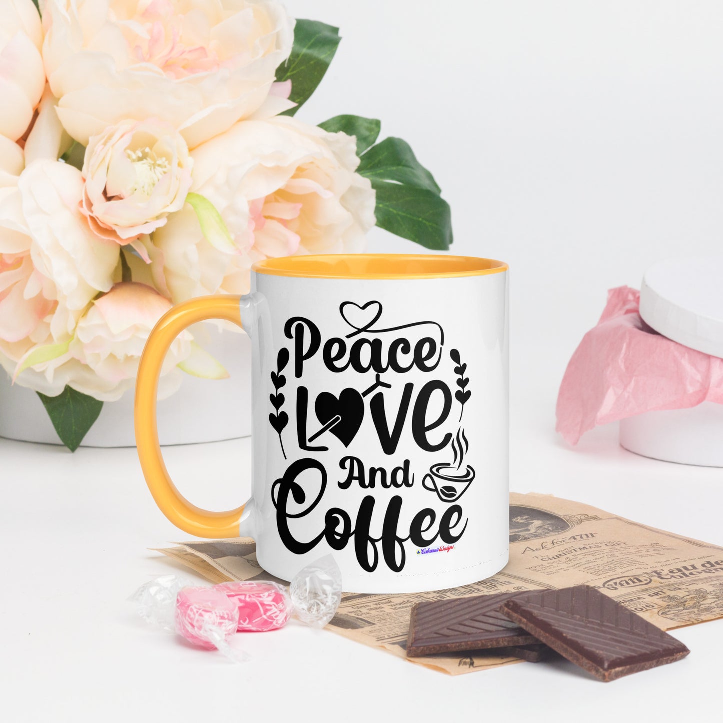 Peace Love and Coffee, Hearts-Arrow, Cup of HOT Coffee, CALMNESS DESIGNS,  Creative Designer's,  Mug with Color Inside