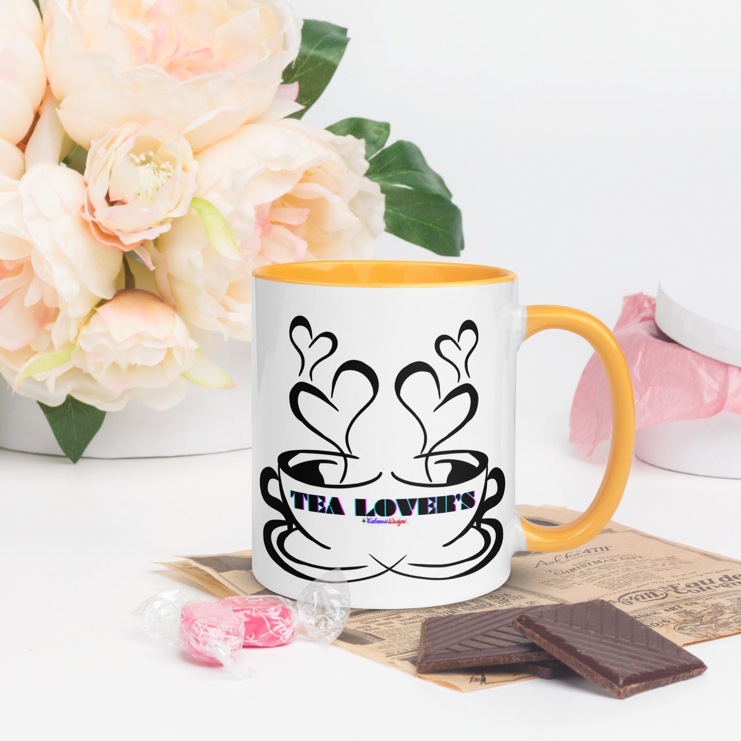 TEA LOVER'S 2 CUPS of COFFEE, Hearts, CALMNESS DESIGNS,  Creative Designer's, Mug with Color Inside