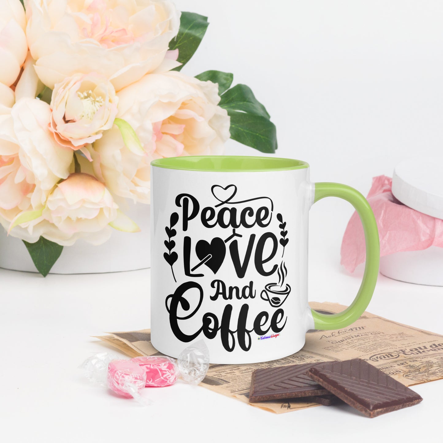 Peace Love and Coffee, Hearts-Arrow, Cup of HOT Coffee, CALMNESS DESIGNS,  Creative Designer's,  Mug with Color Inside