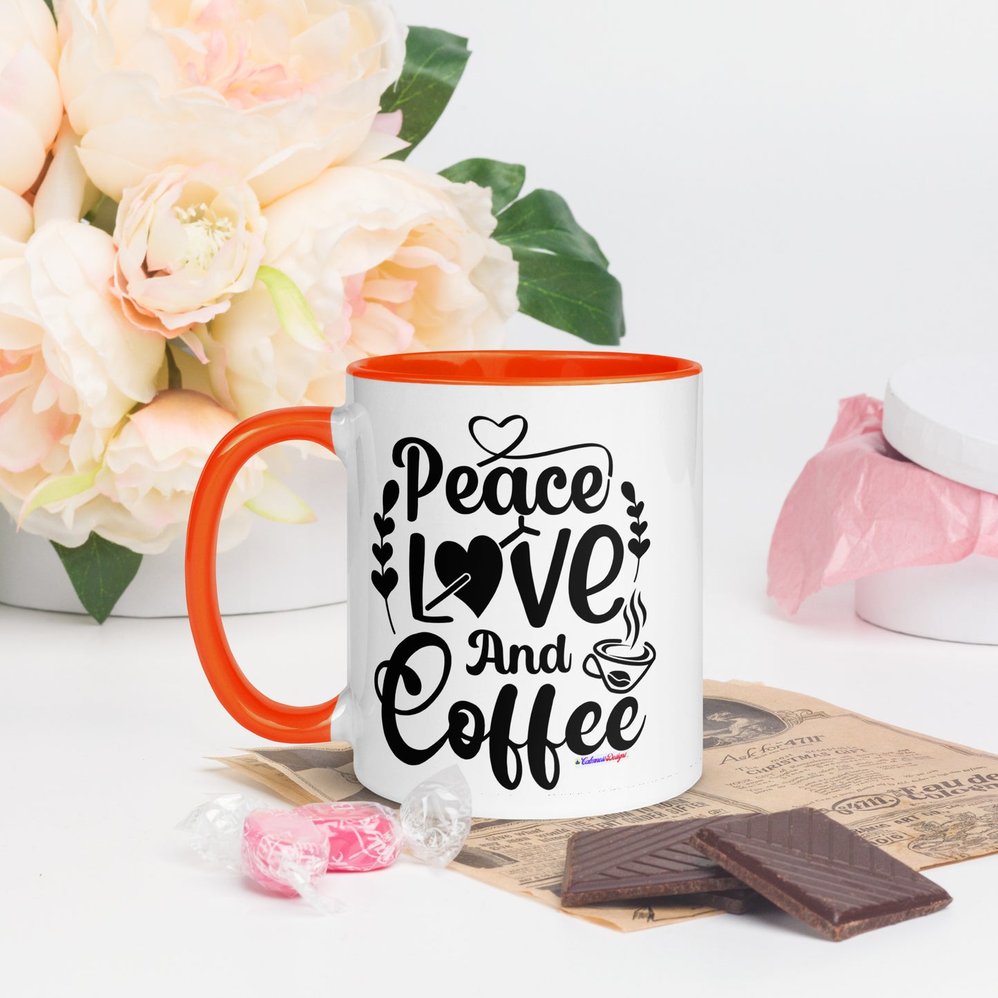 Peace Love and Coffee, Hearts-Arrow, Cup of HOT Coffee, CALMNESS DESIGNS,  Creative Designer's,  Mug with Color Inside