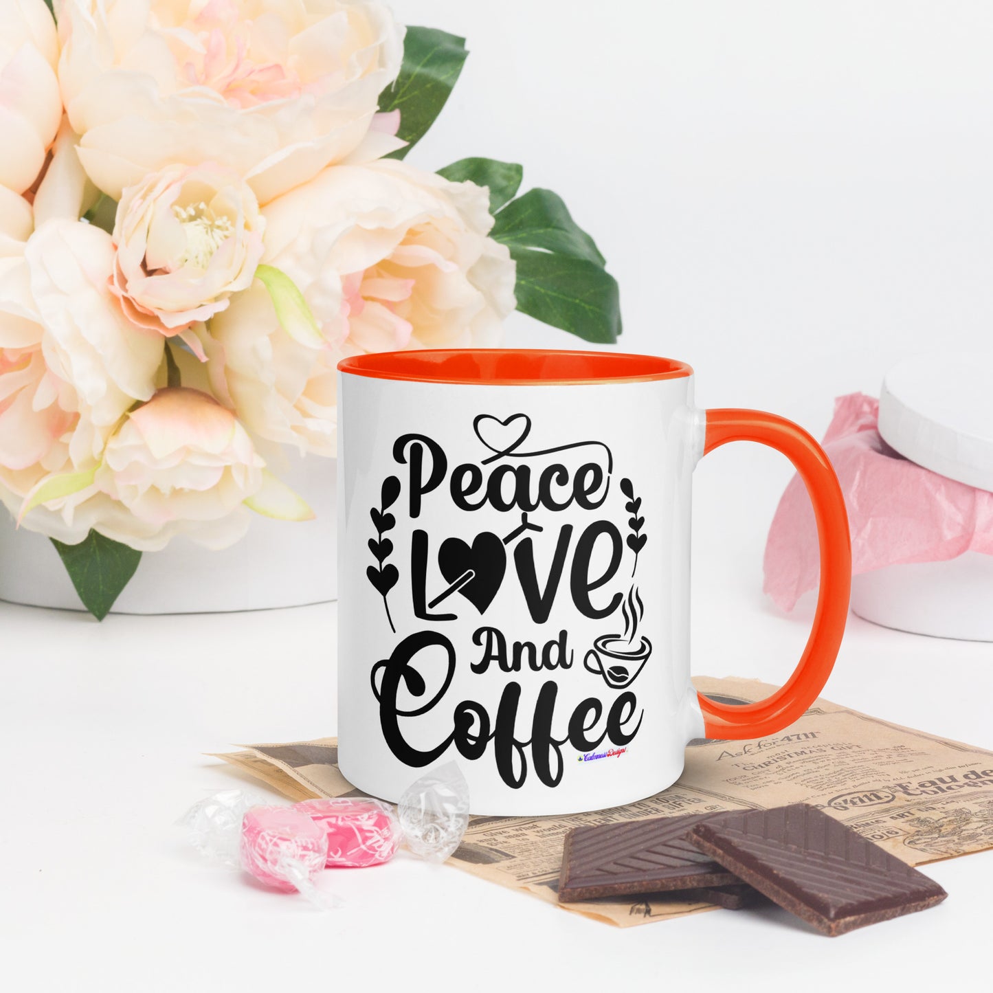 Peace Love and Coffee, Hearts-Arrow, Cup of HOT Coffee, CALMNESS DESIGNS,  Creative Designer's,  Mug with Color Inside