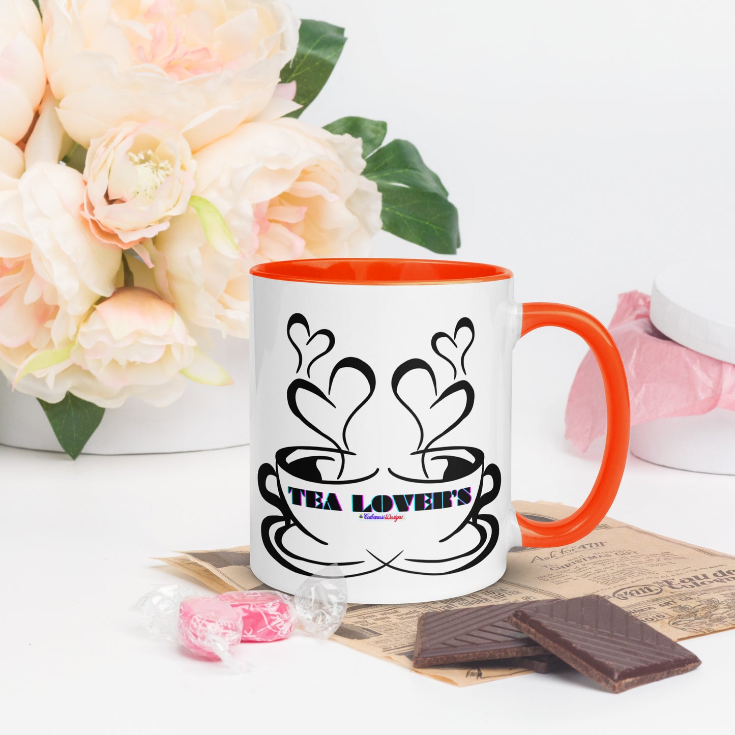 TEA LOVER'S 2 CUPS of COFFEE, Hearts, CALMNESS DESIGNS,  Creative Designer's, Mug with Color Inside