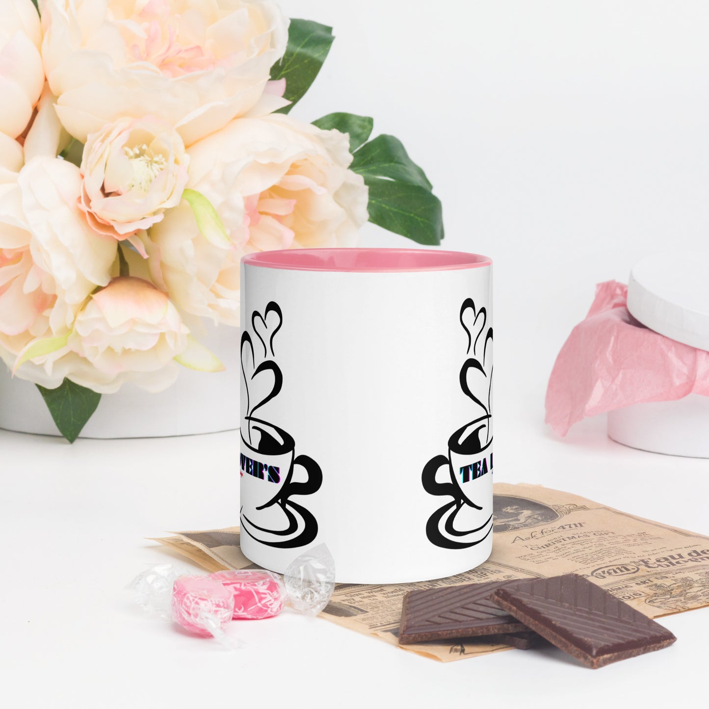 TEA LOVER'S 2 CUPS of COFFEE, Hearts, CALMNESS DESIGNS,  Creative Designer's, Mug with Color Inside