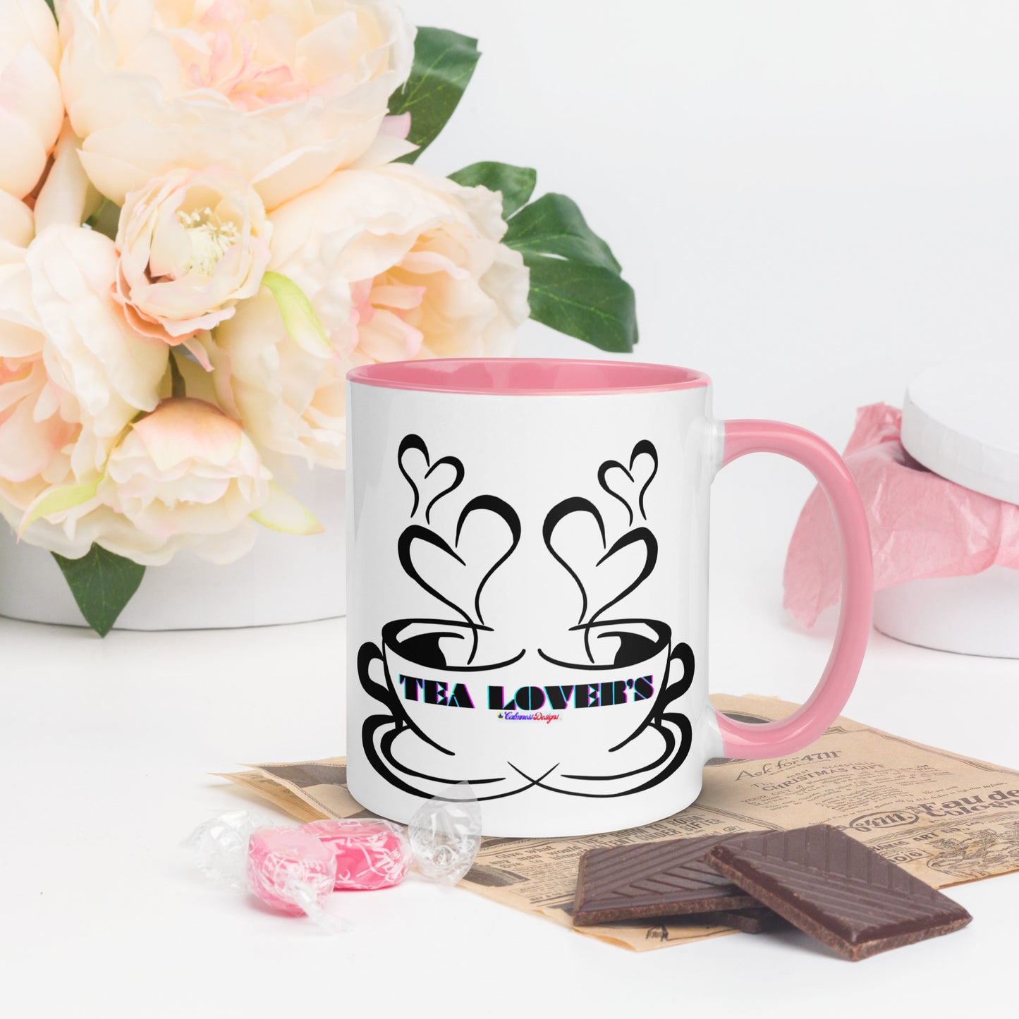 TEA LOVER'S 2 CUPS of COFFEE, Hearts, CALMNESS DESIGNS,  Creative Designer's, Mug with Color Inside