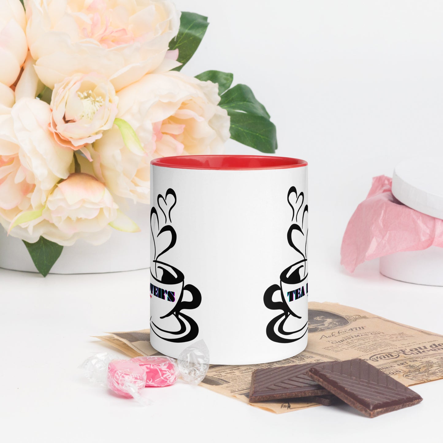 TEA LOVER'S 2 CUPS of COFFEE, Hearts, CALMNESS DESIGNS,  Creative Designer's, Mug with Color Inside