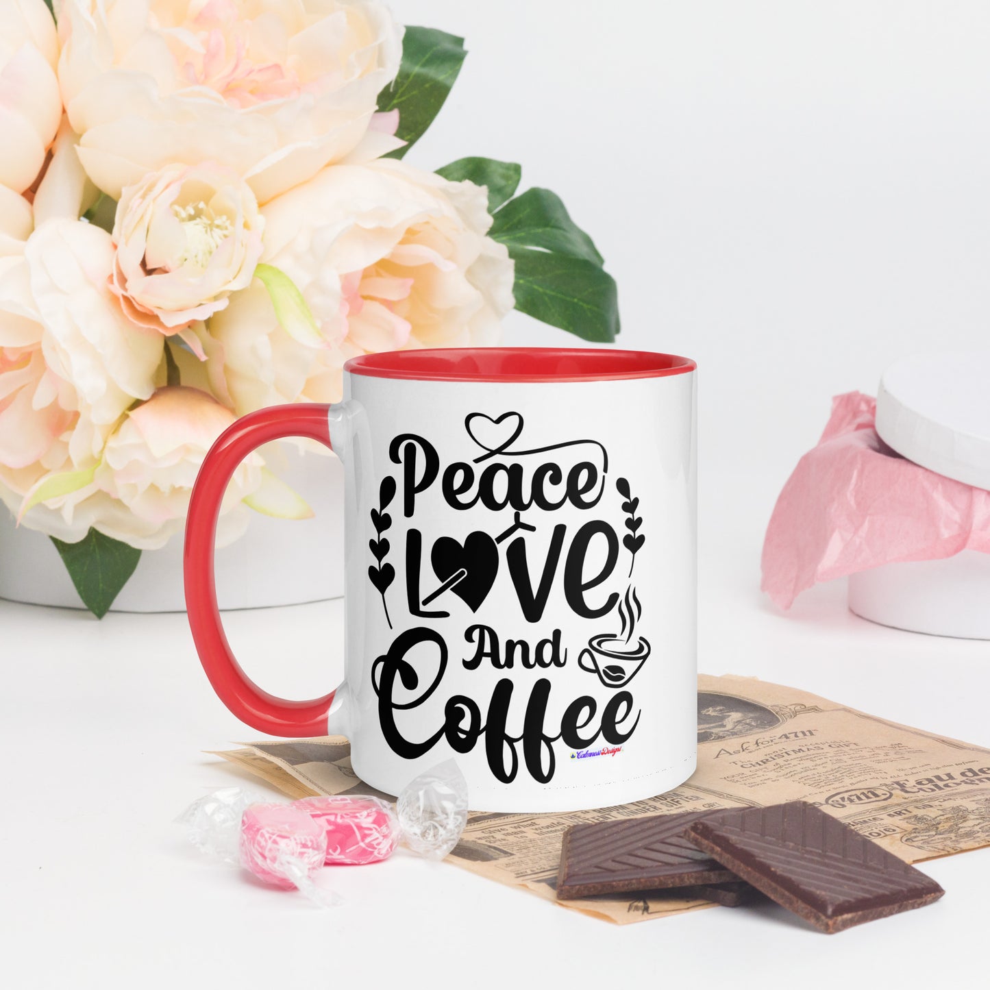 Peace Love and Coffee, Hearts-Arrow, Cup of HOT Coffee, CALMNESS DESIGNS,  Creative Designer's,  Mug with Color Inside