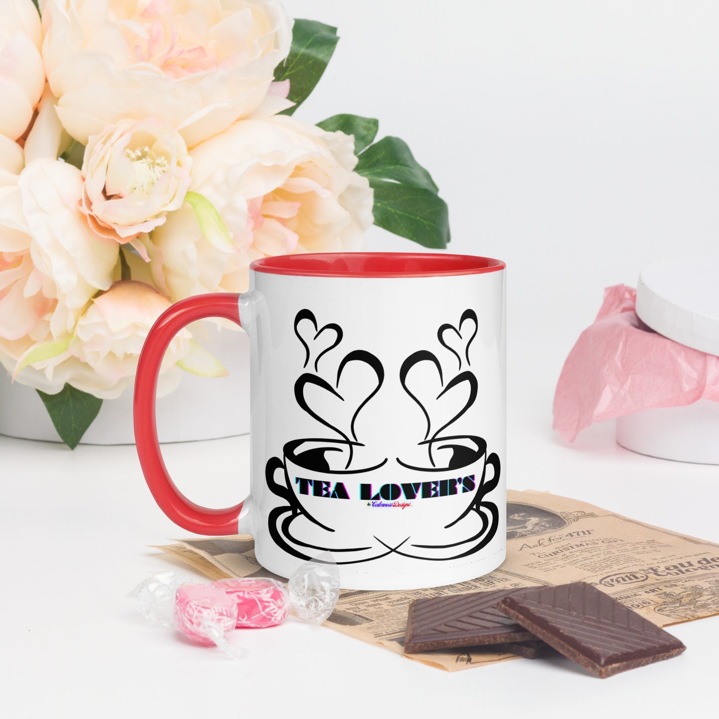 TEA LOVER'S 2 CUPS of COFFEE, Hearts, CALMNESS DESIGNS,  Creative Designer's, Mug with Color Inside