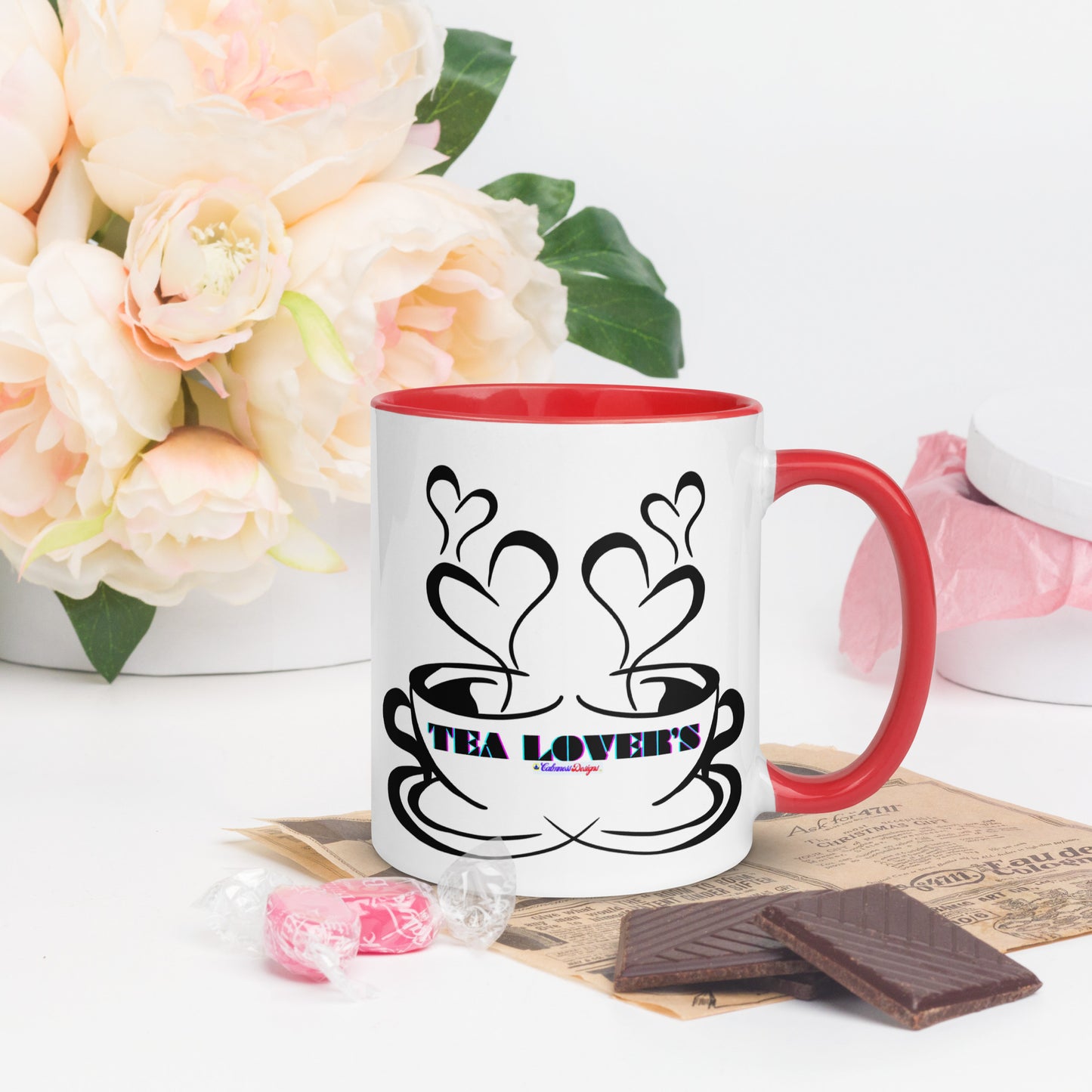 TEA LOVER'S 2 CUPS of COFFEE, Hearts, CALMNESS DESIGNS,  Creative Designer's, Mug with Color Inside