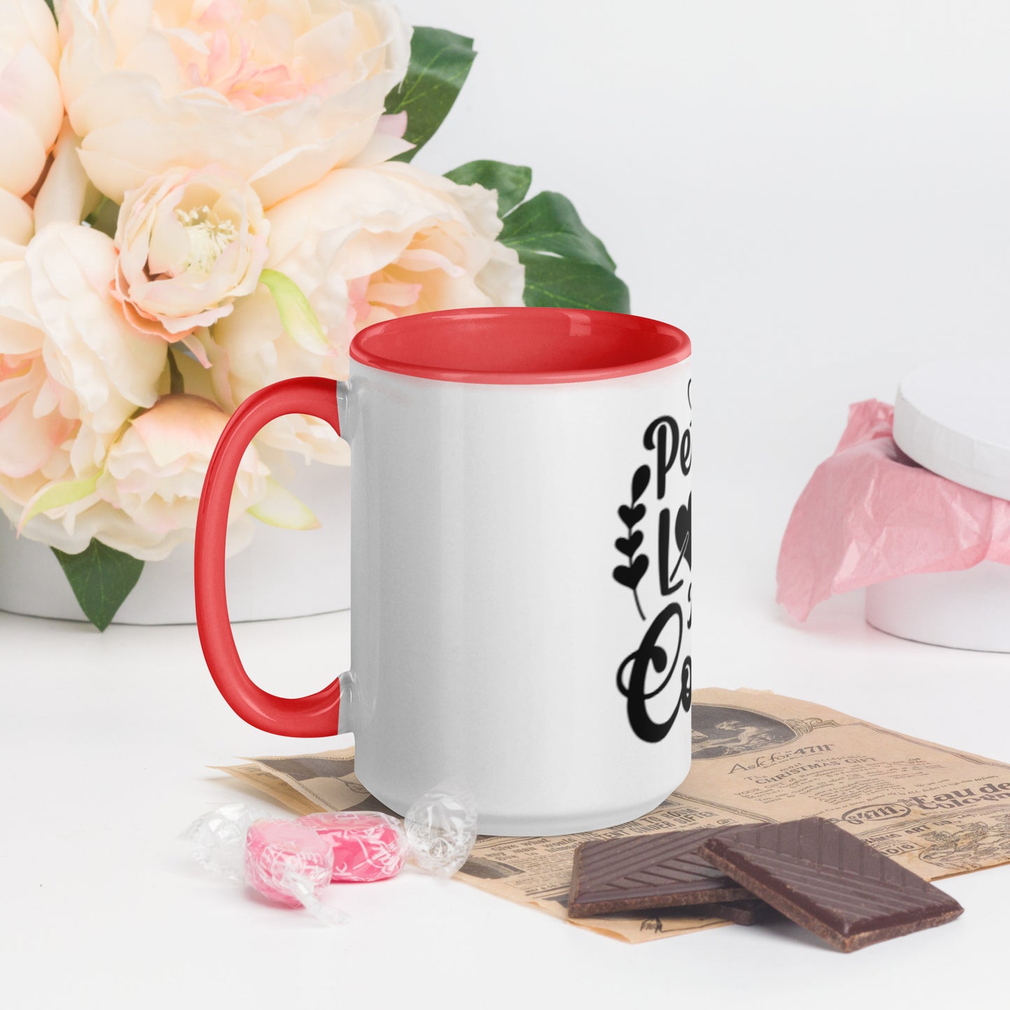 Peace Love and Coffee, Hearts-Arrow, Cup of HOT Coffee, CALMNESS DESIGNS,  Creative Designer's,  Mug with Color Inside