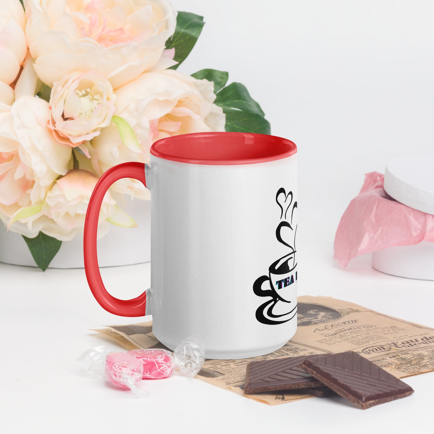 TEA LOVER'S 2 CUPS of COFFEE, Hearts, CALMNESS DESIGNS,  Creative Designer's, Mug with Color Inside