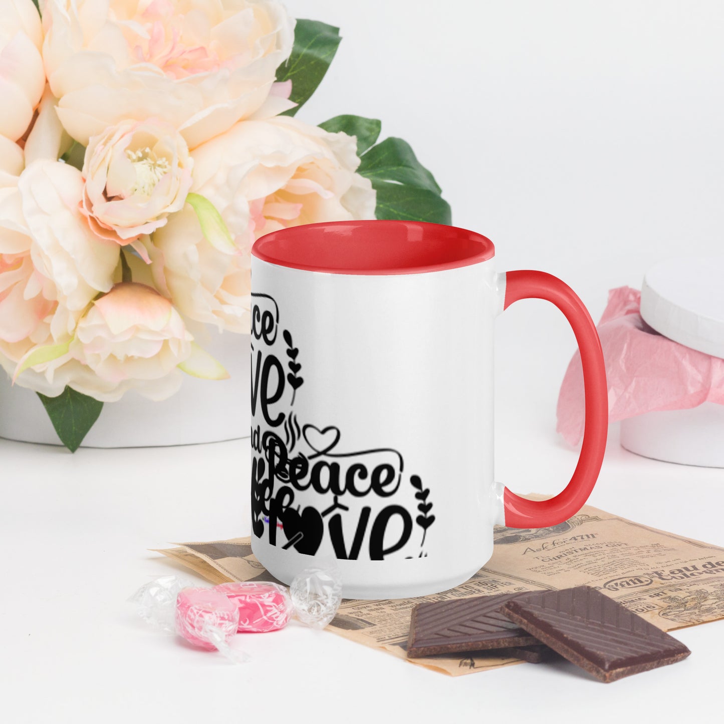 Peace Love and Coffee, Hearts-Arrow, Cup of HOT Coffee, CALMNESS DESIGNS,  Creative Designer's,  Mug with Color Inside