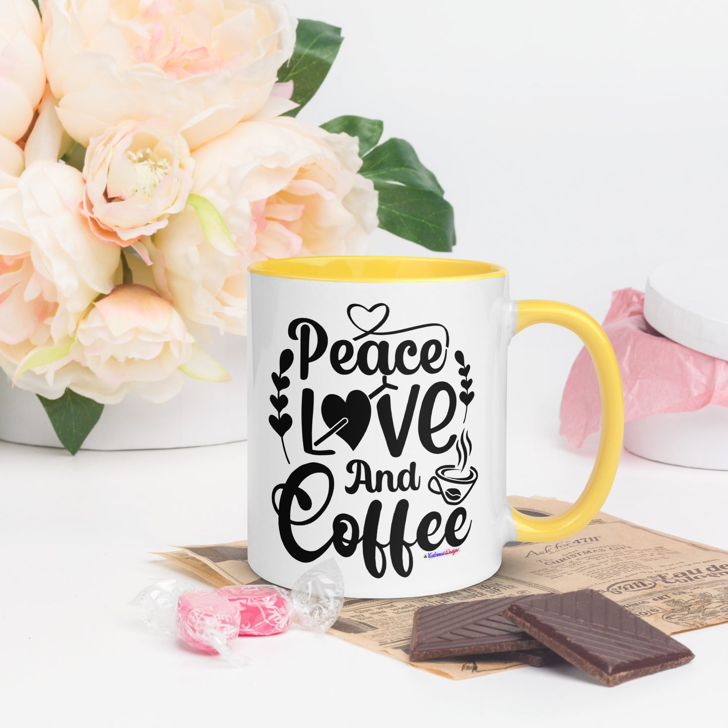 Peace Love and Coffee, Hearts-Arrow, Cup of HOT Coffee, CALMNESS DESIGNS,  Creative Designer's,  Mug with Color Inside