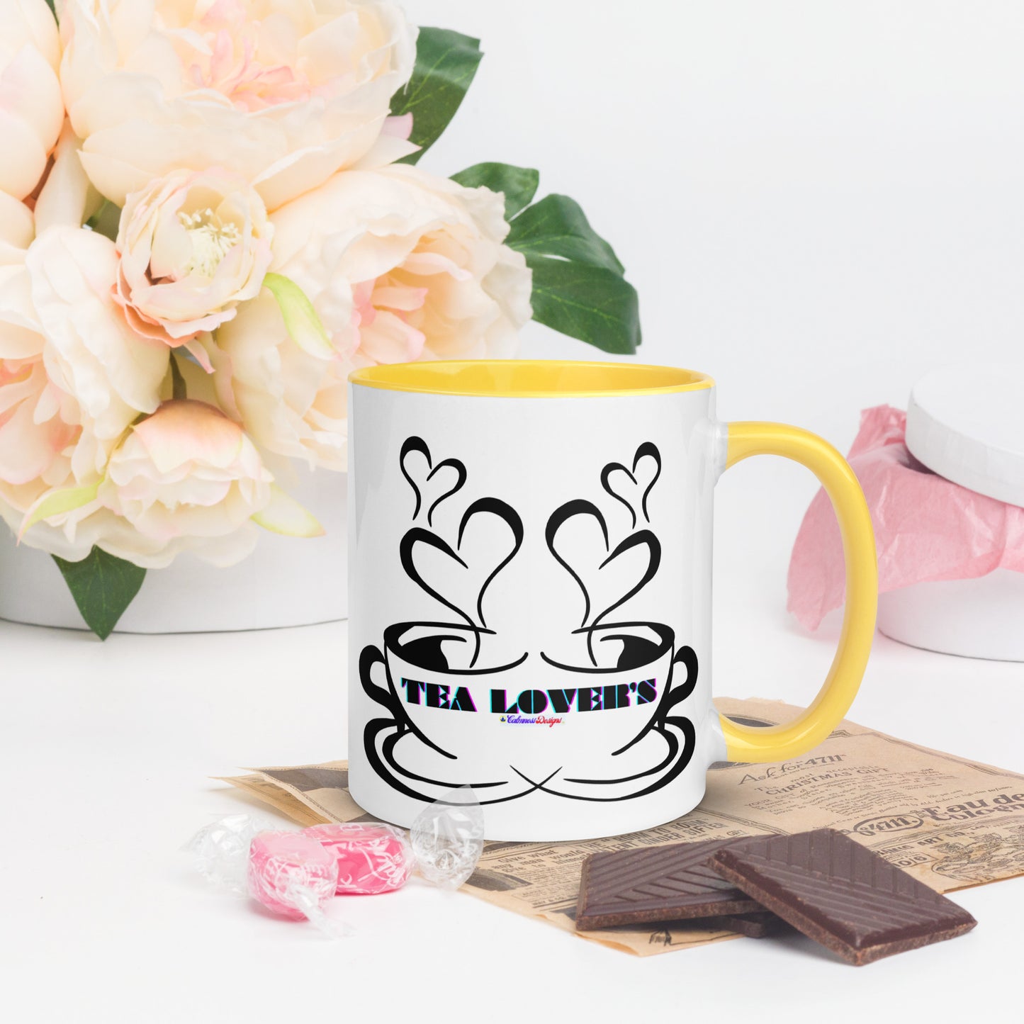 TEA LOVER'S 2 CUPS of COFFEE, Hearts, CALMNESS DESIGNS,  Creative Designer's, Mug with Color Inside