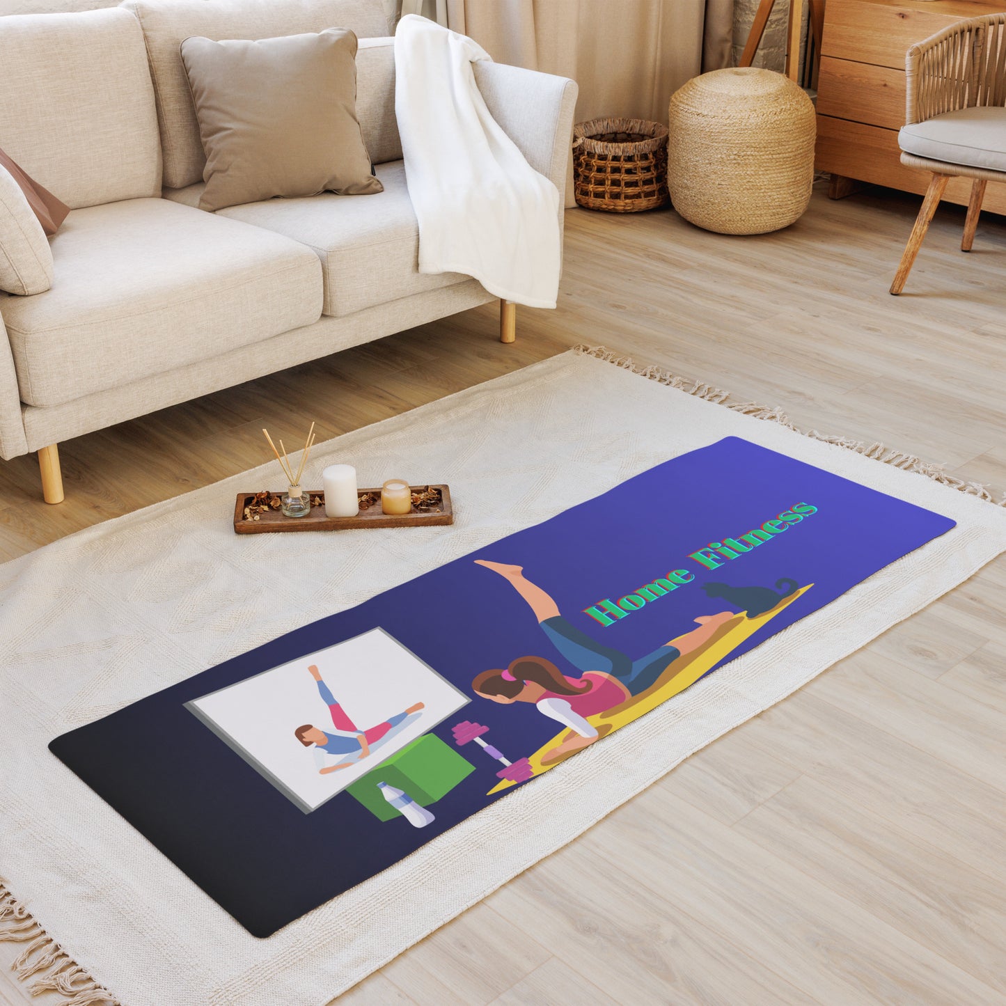 Home Fitness, TV, Water-Bottle, Woman doing Yoga, Pet-Cat, Fitness Equipment, CALMNESS DESIGNS,  Creative Designer's,  Yoga mat