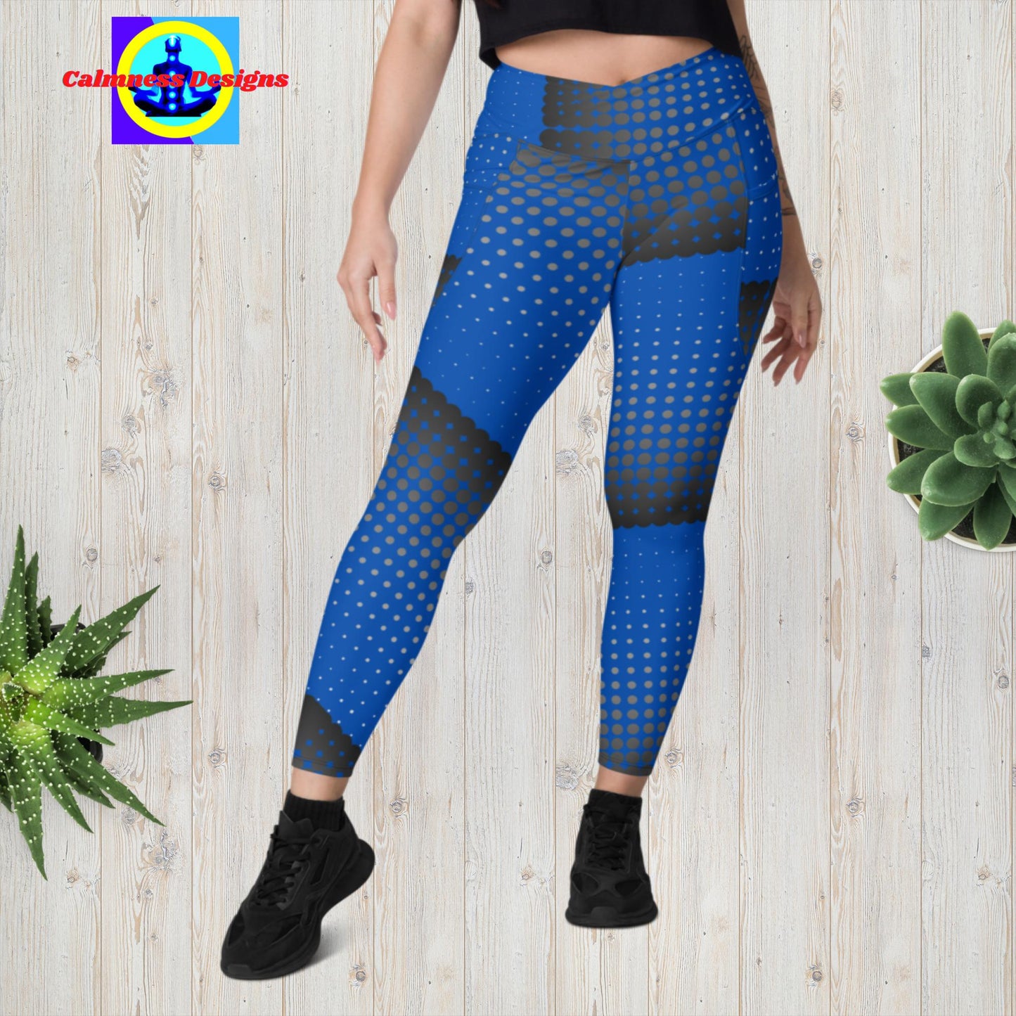 Dotted Black & Blue, Calmness Designs,  Designer's Styles,  Crossover leggings with pockets