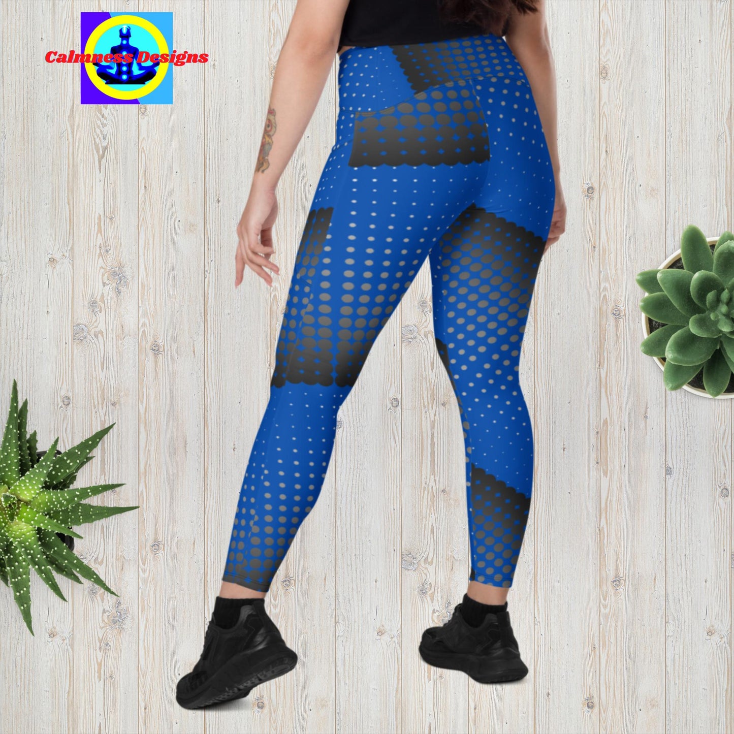 Dotted Black & Blue, Calmness Designs,  Designer's Styles,  Crossover leggings with pockets