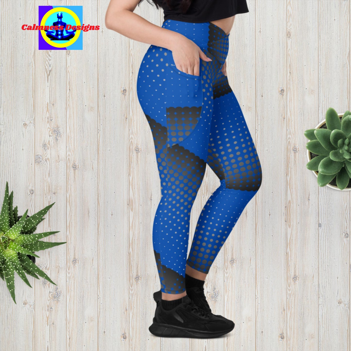 Dotted Black & Blue, Calmness Designs,  Designer's Styles,  Crossover leggings with pockets