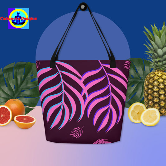 Pink October Leaves Areca Palm,  All-Over Print Large Tote Bag