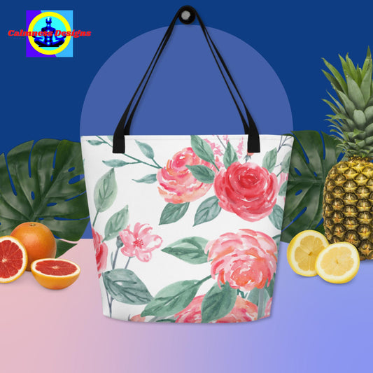 Valentines Water-Color Flowers, All-Over Print Large Tote Bag