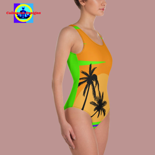 Beach Island, Palm Trees, Ocean, One-Piece Swimsuit