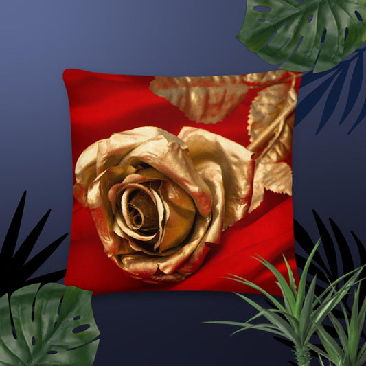 Golden rose, Red satin background, Premium Pillow