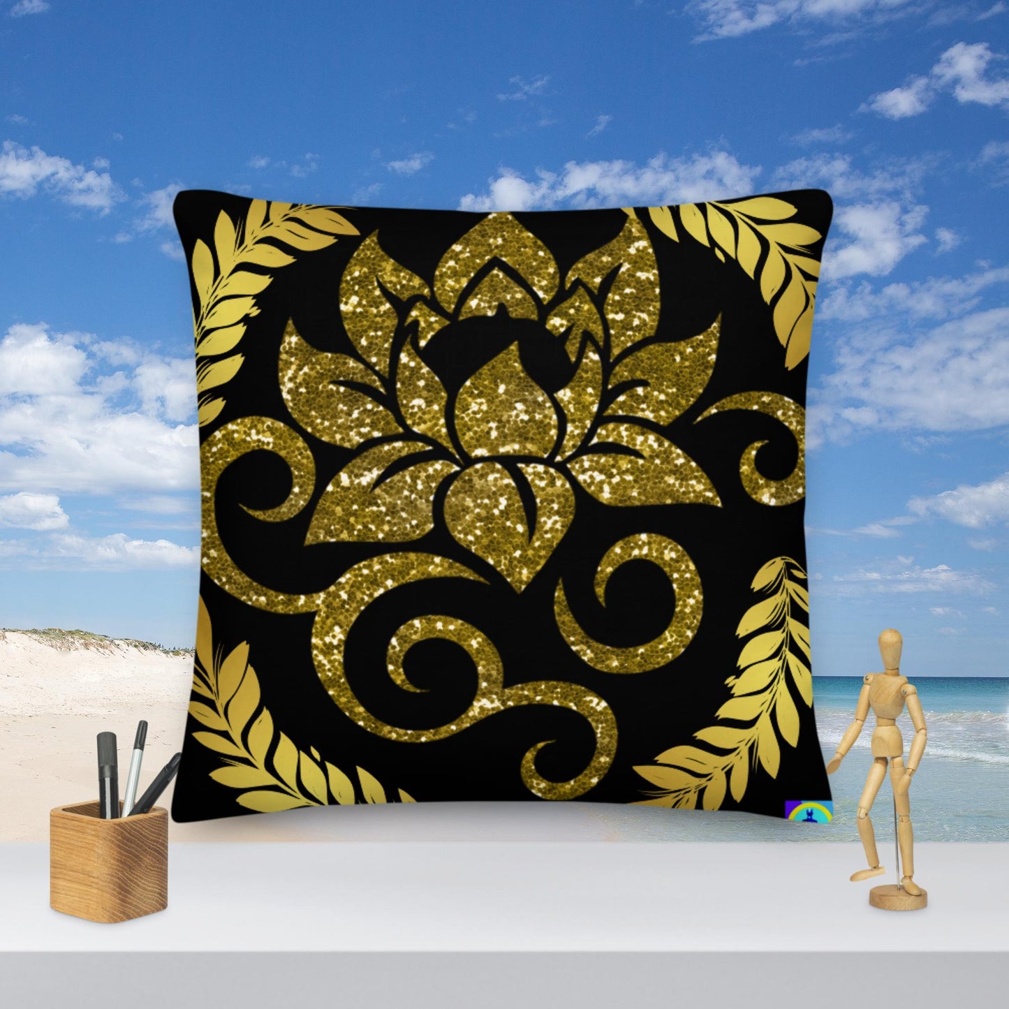 Gold Glitter Lotus Flower,  Premium Pillow