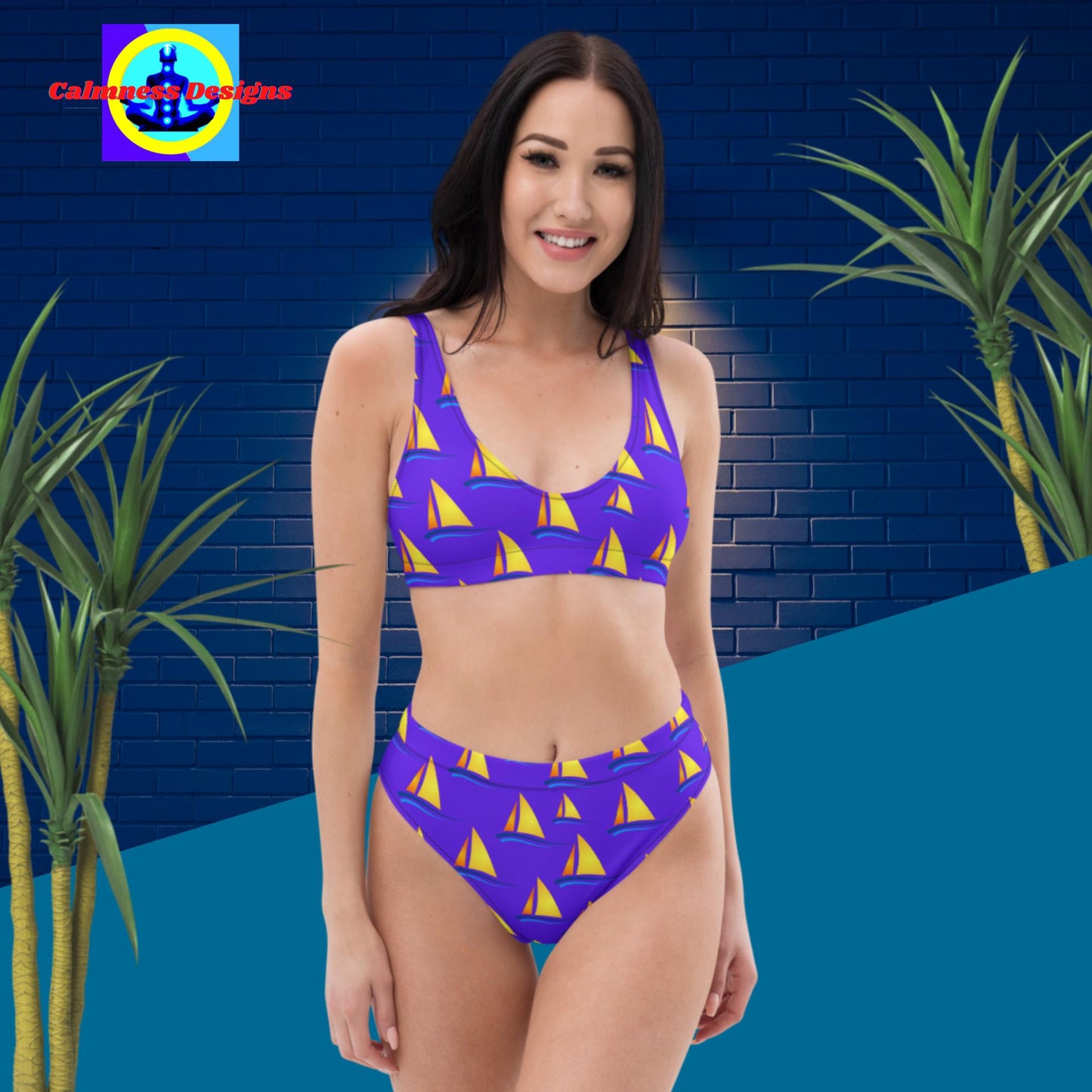 Sailing boats, Yellow sails, Blue Waves,  Recycled high-waisted bikini