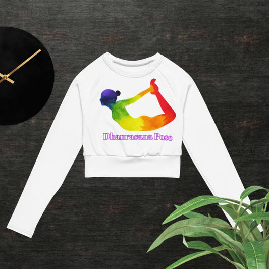 Rainbow Woman Doing Yoga Bow Dhanrasana Pose,  Recycled long-sleeve crop top