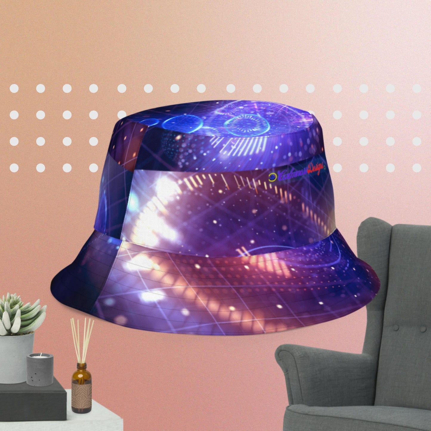 Big data abstract background with neon dots and lines,  Reversible bucket hat