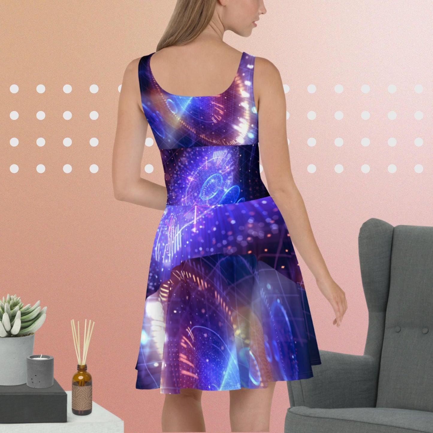 Big data abstract background with neon dots and lines, Skater Dress