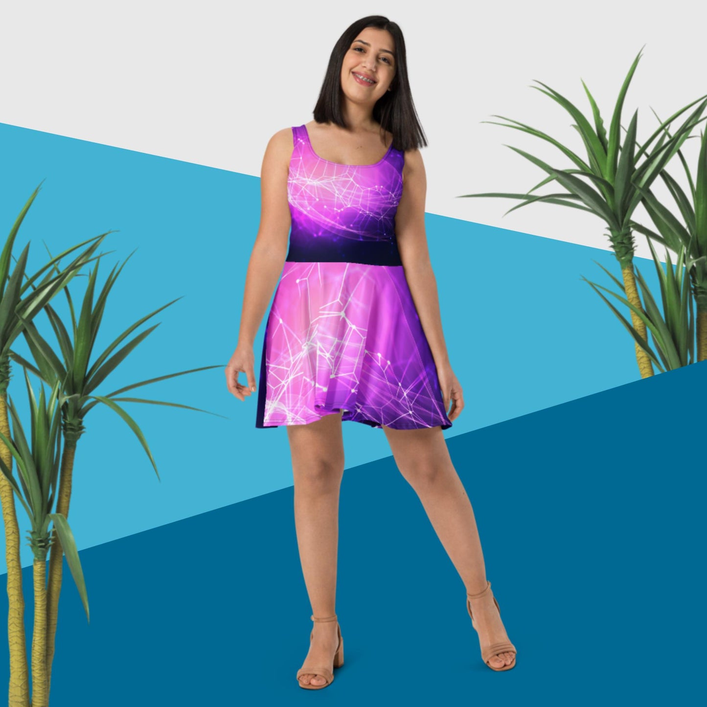 3D Abstract Background with Network Connections Effect,  Skater Dress