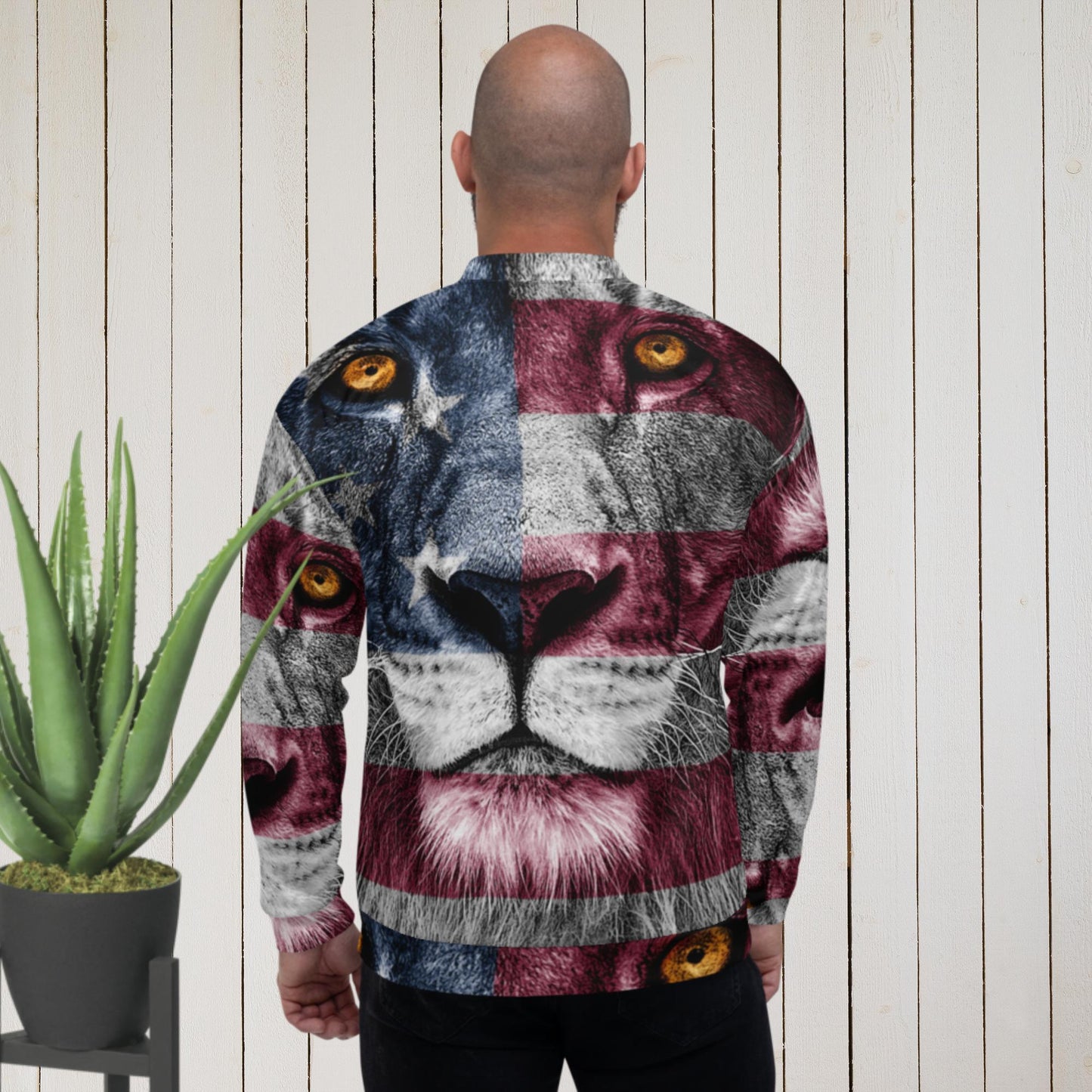 Born-Wild and Free, Lions-Head, USA-Flag,  Unisex Bomber Jacket