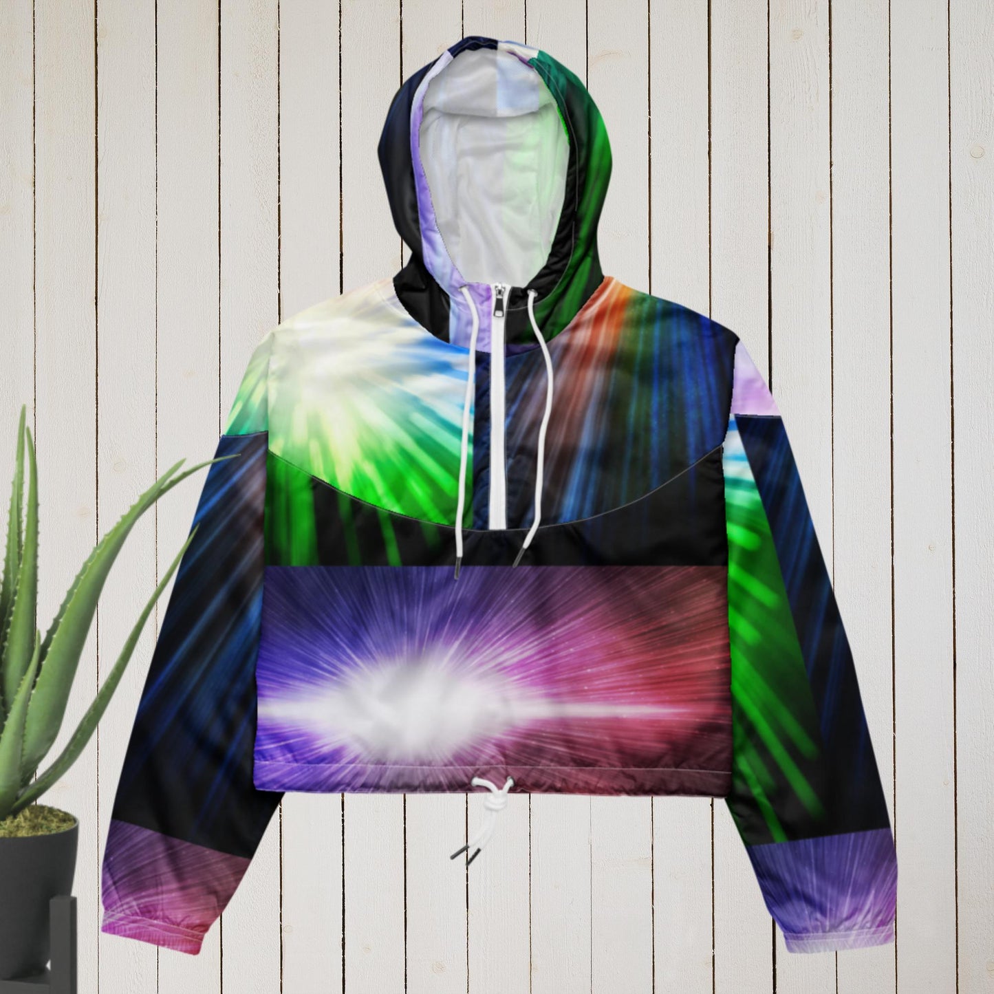 Big bang effect on bright blue galaxy sky,  Women’s cropped windbreaker