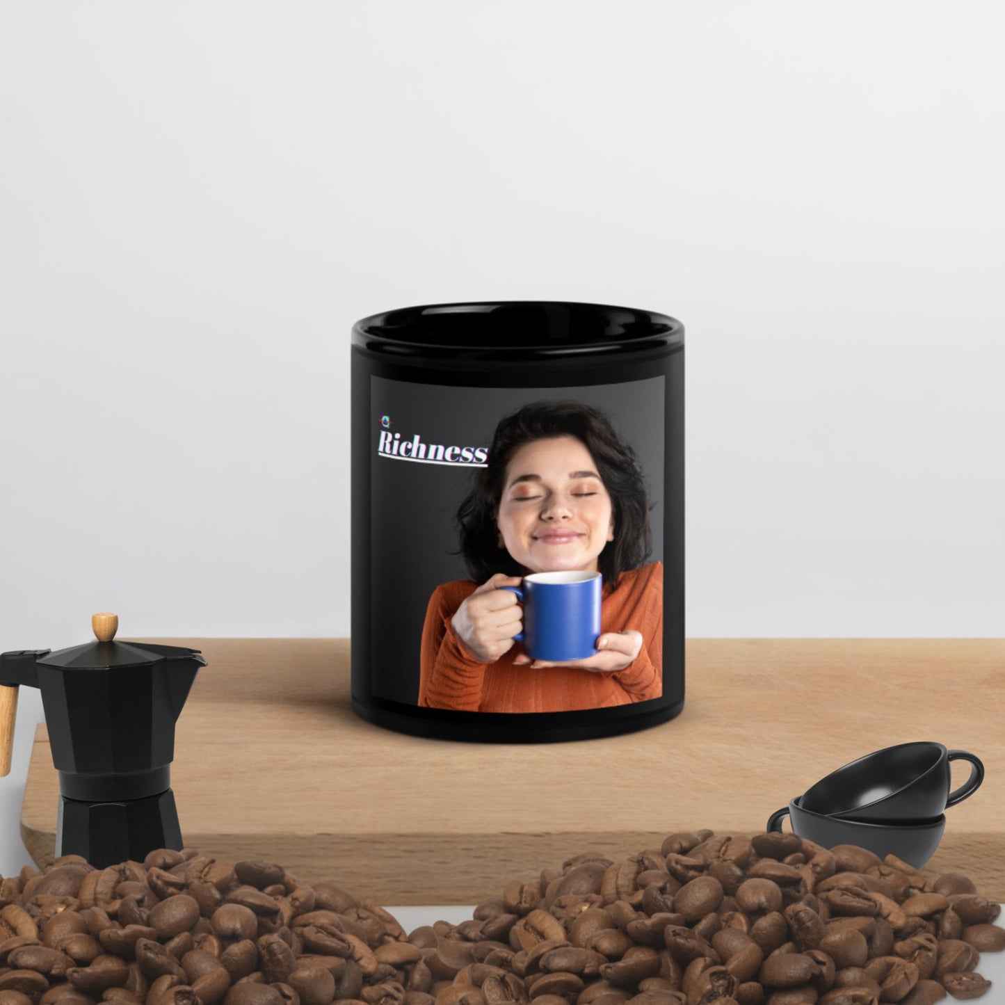 Beautiful Young Woman Holding Coffee Cup, Black Glossy Mug