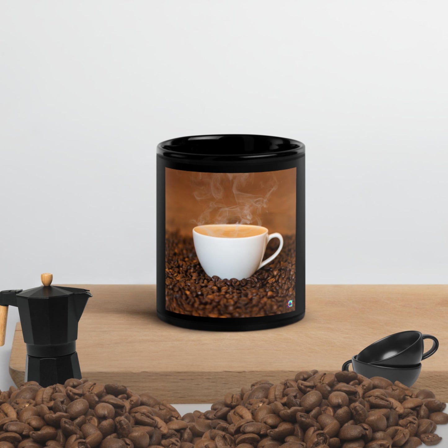 Hot- Coffee in Cup,  Coffee Beans,  Black Glossy Mug