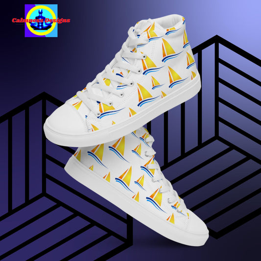 Sailing boats, Yellow sails, Blue Waves, Men’s high top canvas shoes