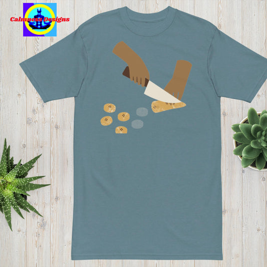 Hand Holding Knife, Cutting Banana,  Men’s premium heavyweight tee