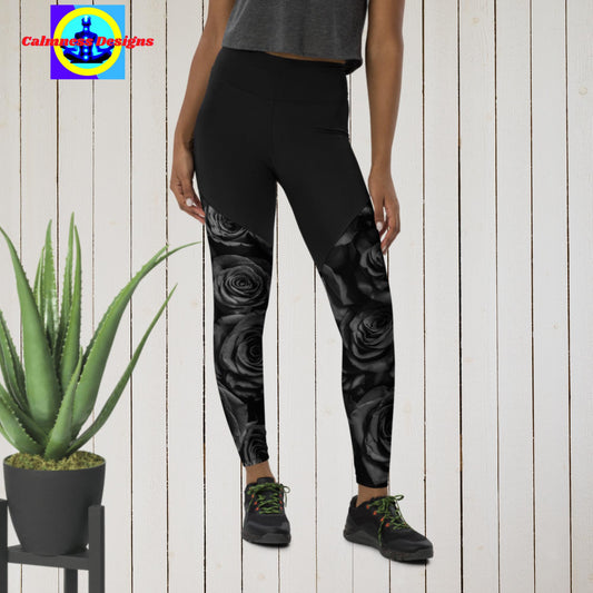 Colorful Black Rose Flowers, Sports Leggings