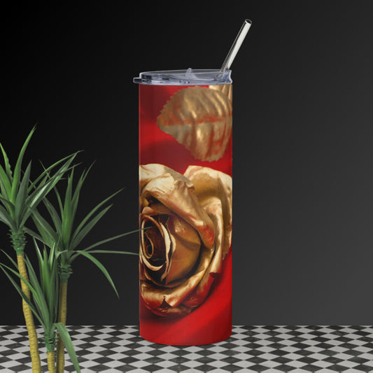 Golden rose, Red satin background,  Stainless steel tumbler