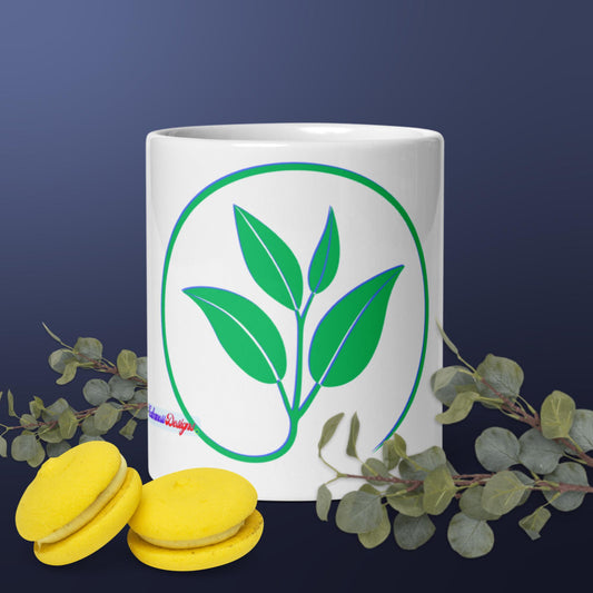 Green  Tea Leaves Icon, White glossy mug